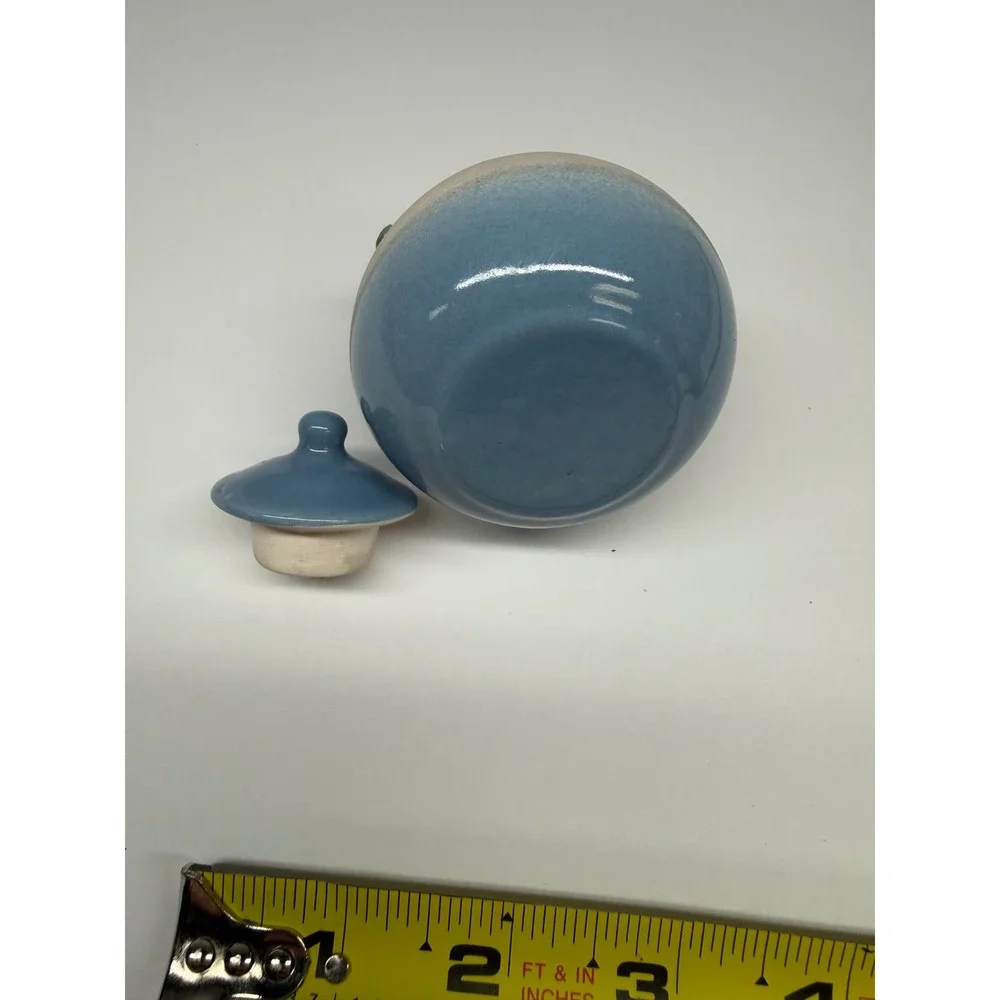 Hand Painted Ceramic Mini Honey Pot Blue Pink Teardrop Jar with Lid and Ribbon